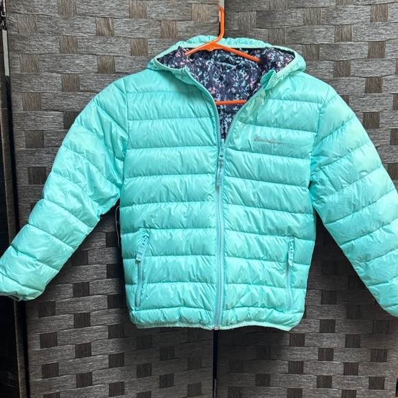 Eddie Bauer Kids reversible Light Blue and print Puffer Jacket - Picture 1 of 4